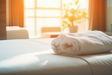 Clean And Relaxing Hotel Bed With Sunlight On Towels