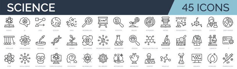 Set of 45 outline icons related to science. Linear icon collection. Editable stroke. Vector illustration - obrazy, fototapety, plakaty