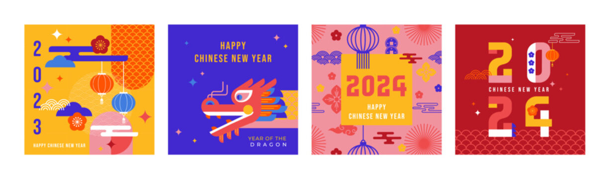 2024 Chinese New Year, Year Of The Dragon. Set Of Chinese Zodiac Dragon Design In Geometric Flat Modern Style. Ector Illustration