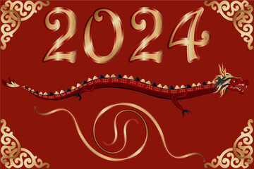 dragon, 2024 year, new, vector, card, christmas, celebration, illustration, happy, decoration, greeting, design, new year, wallpaper, banner, background