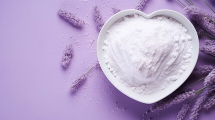 Obraz na płótnie Canvas a heart shaped bowl filled with white powder next to lavender flowers. generative ai