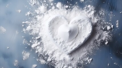  a heart - shaped white powder on a blue background with white flakes.  generative ai