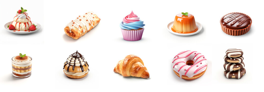 Set 3d icon on the white background.  Pictured: pavlova dessert, apple strudel, cupcake, pudding, terrace, profiterole, croissant, donut, chocolate chip cookies,