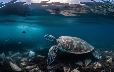 Obraz premium sea turtle swims in the ocean among the garbage