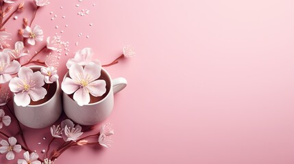  a pink background with two mugs and flowers on it.  generative ai