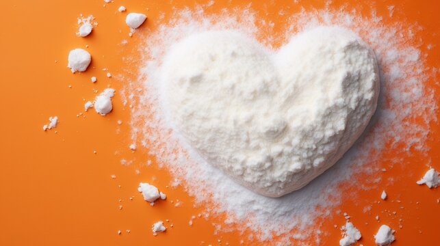  a white heart shaped sugar on an orange background with sugar scattered around it.  generative ai