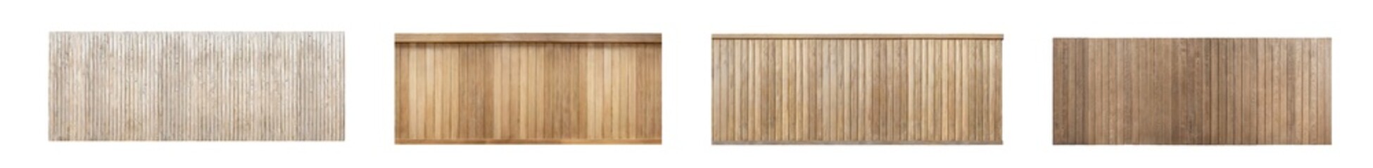 Set of stylish wooden garden walls, fences, barriers, or borders, isolated on a transparent background. PNG, cutout, or clipping path. 