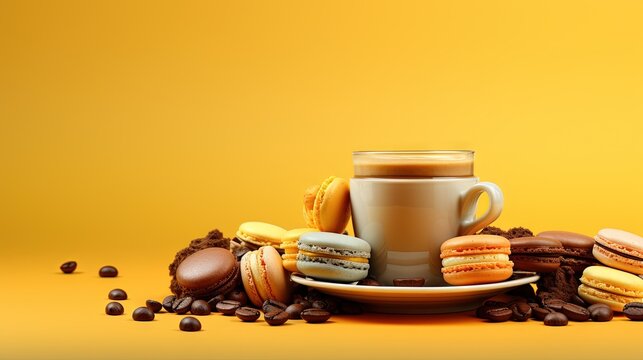  a cup of coffee surrounded by macaroons and cookies.  generative ai