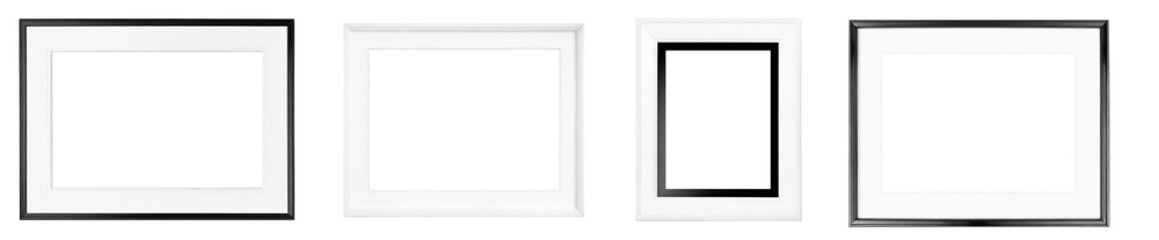 Collection of blank white picture frames, realistic vertical picture frames in A4 size. Empty white picture frame mockup template, isolated on a transparent background. PNG, cutout, or clipping path.