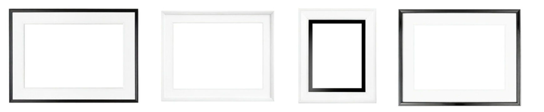 Collection of blank white picture frames, realistic vertical picture frames in A4 size. Empty white picture frame mockup template, isolated on a transparent background. PNG, cutout, or clipping path.