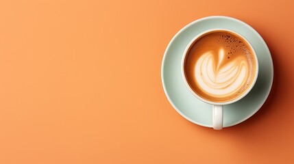  a cup of coffee on a saucer on an orange background.  generative ai - obrazy, fototapety, plakaty