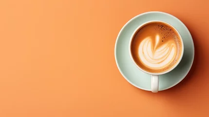 Fotobehang  a cup of coffee on a saucer on an orange background.  generative ai © Shanti
