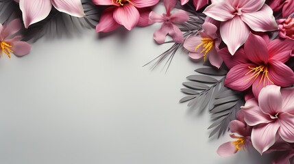  a bunch of pink flowers on a gray background with a place for a text.  generative ai