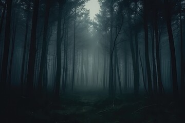 Fototapeta premium Dark And Mysterious Forest Enveloped In Mist And Fog
