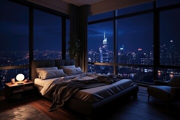 Dark Penthouse Bedroom With View Of City At Night