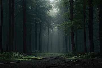 Dark And Mysterious Forest Enveloped In Mist And Fog - obrazy, fototapety, plakaty
