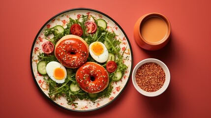  a plate of food with eggs, tomatoes, cucumbers, lettuce and tomatoes.  generative ai