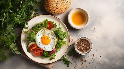 a plate of food with an egg and tomatoes on it.  generative ai