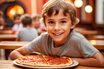 The boy is eating pizza in restaurant or pizzeria. Generative Ai.