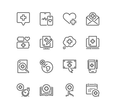 Set of healthcare and medicine related icons, smart healtcare, wait times, mental health, medical care and linear variety vectors.