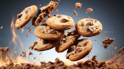  a pile of chocolate chip cookies flying through the air over a pile of dirt.  generative ai