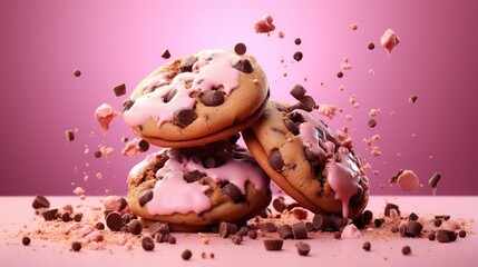  a pile of cookies with pink icing and chocolate chips.  generative ai