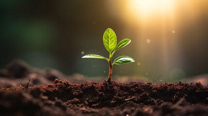 Close-up young plant growing in the soil concept save nature or agriculture on soft green tree background. - obrazy, fototapety, plakaty
