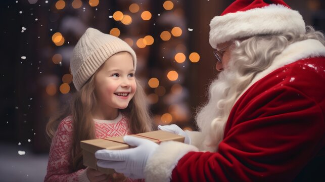 Little girl engaging in a delightful conversation with Santa Claus. Magical moment for kids and children in Christmas season embodying the spirit of the holiday season.