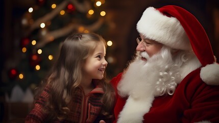 Fototapeta na wymiar Little girl engaging in a delightful conversation with Santa Claus. Magical moment for kids and children in Christmas season embodying the spirit of the holiday season.