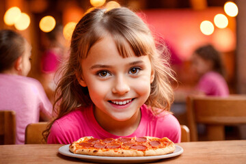 A pretty curly blonde girl eating pizza in italian restaurant. Portrait of child with long blonde hair and a pink t-shirt. Generative Ai.