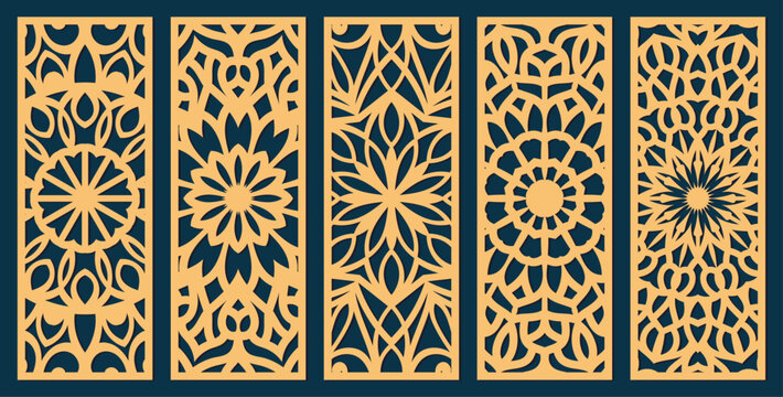 Big set of vertical panels, gratings. Abstract ornament, geometric, classic, oriental pattern, floral and plant motifs. Template for plotter laser cutting of paper, metal engraving, wood carving, cnc