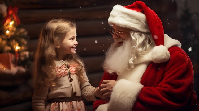 Little girl engaging in a delightful conversation with Santa Claus. Magical moment for kids and children in Christmas season embodying the spirit of the holiday season.