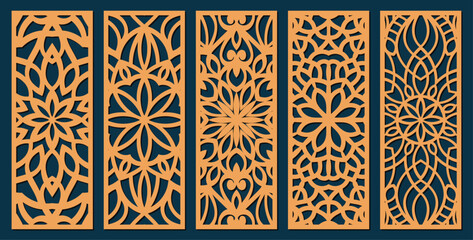 Set of laser cut templates with geometric pattern. For metal cutting, wood carving, panel decor, paper art, stencil or die for fretwork, card background design. Vctor illustration	