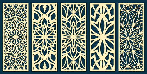 Set of laser cut templates with geometric pattern. For metal cutting, wood carving, panel decor, paper art, stencil or die for fretwork, card background design. Vctor illustration	 - obrazy, fototapety, plakaty