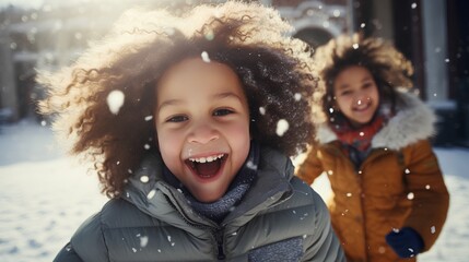 Children in snowball fight, embodying the winter vibe. They are actively playing outdoors on a snowy day. Their healthy faces lit up with joy and excitement. Beautiful and crisp winter day. - obrazy, fototapety, plakaty