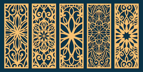 Big set of vertical panels, gratings. Abstract ornament, geometric, classic, oriental pattern, floral and plant motifs. Template for plotter laser cutting of paper, metal engraving, wood carving, cnc