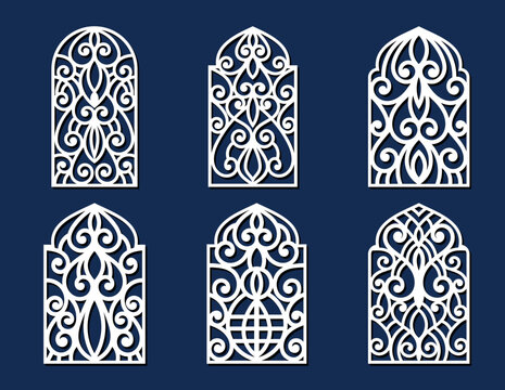Laser cut arabian grating templates set, window grill with arabesque pattern, vector