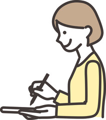 片手にタブレットを持って書く女