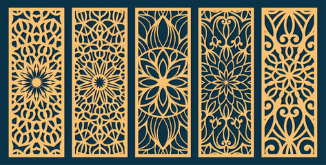 Big set of vertical panels, gratings. Abstract ornament, geometric, classic, oriental pattern, floral and plant motifs. Template for plotter laser cutting of paper, metal engraving, wood carving, cnc - obrazy, fototapety, plakaty