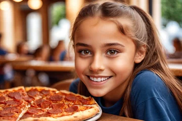 Zelfklevend Fotobehang Girl eating pizza at cafe, unhealthy food, blue t-shirt. Generative Ai. © SOLOTU