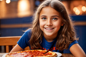 Girl eating pizza at cafe, unhealthy food, blue t-shirt. Generative Ai.