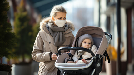 Young mother with baby in pram walking on street during virus outbreak.