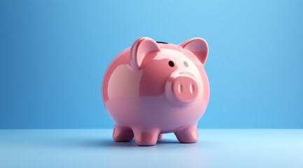 Piggy Bank with Money Isolated on Blue Background, Savings Concept