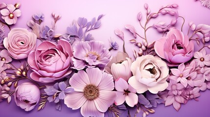  a bunch of flowers that are on a purple background with pink and white flowers.  generative ai