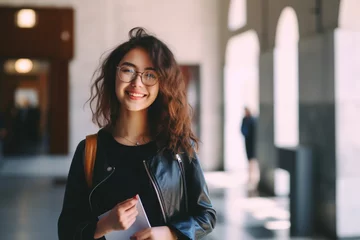 Foto op Canvas Young beautiful high school girl or college student wearing eyeglasses, smiling in university campus with copy space, Education, geek or nerd people concept © alisaaa