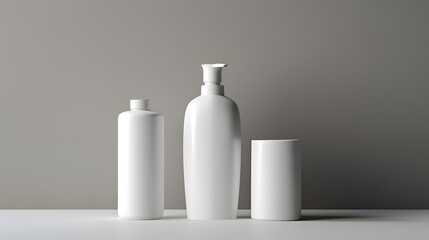 White empty cosmetic bottles mock up isolated in modern bathroom interior