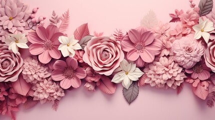  a pink flower border with leaves and flowers on a pink background.  generative ai