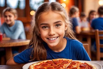 Girl eating pizza at cafe, unhealthy food, blue t-shirt. Generative Ai.
