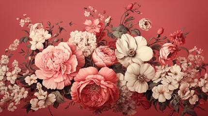  a bunch of flowers that are on a red background with a pink background.  generative ai