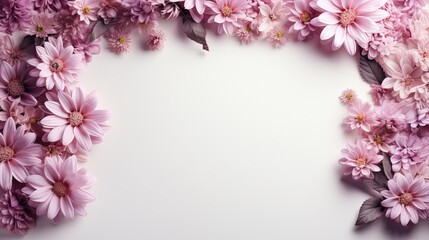  a white background with pink flowers and leaves on the corner.  generative ai